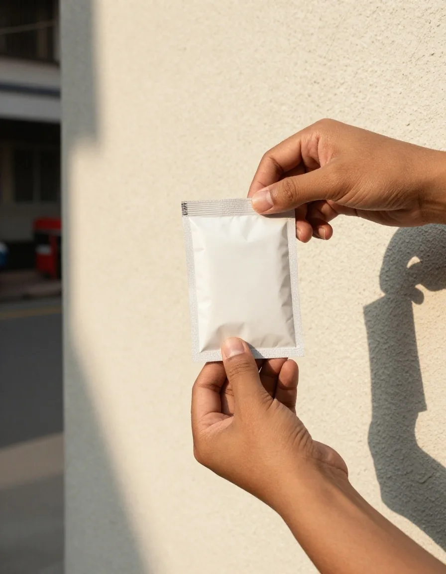 A hand holding a plain daily supplement sachet against a sunlit stucco wall