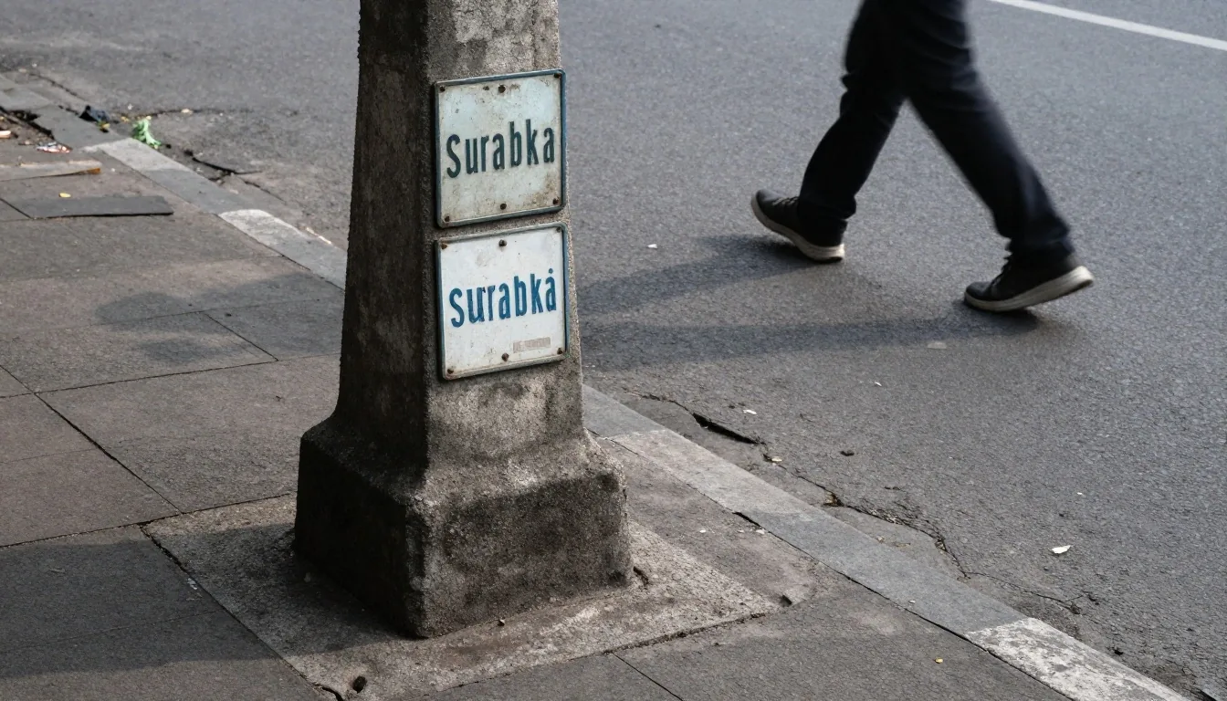 Sidewalk-level view of a concrete post holding enamel street signs in Surabaya