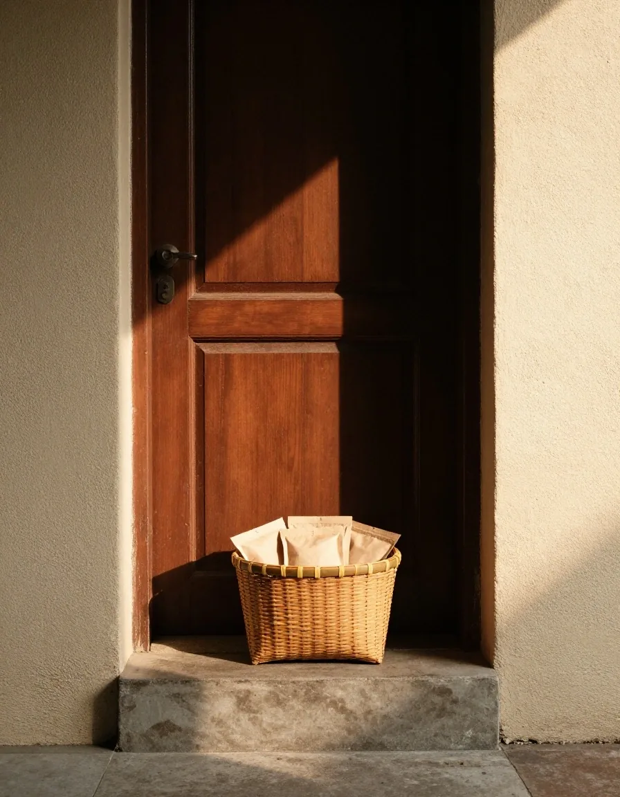 A hand holding a daily supplement sachet beside a concrete step in afternoon sunlight