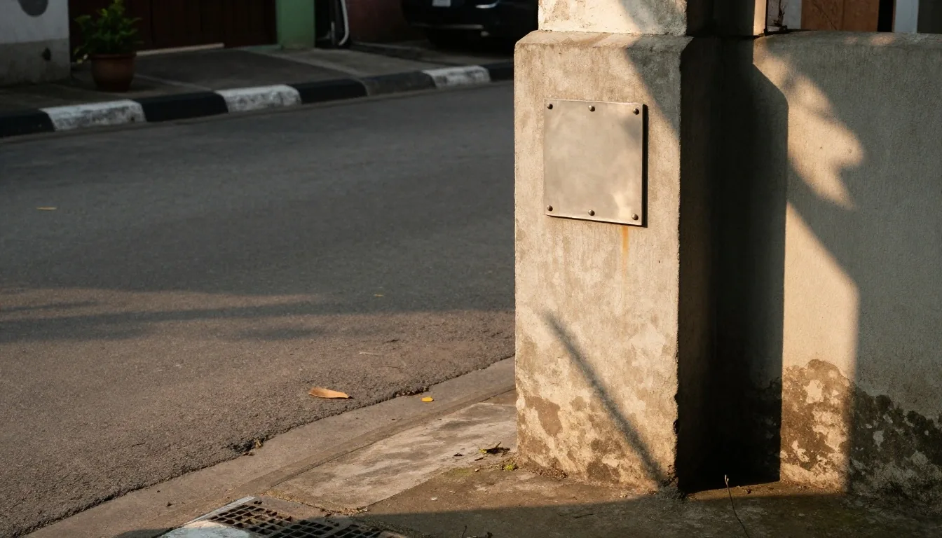 Weathered enamel plates bolted to a concrete post on a shaded Surabaya street corner