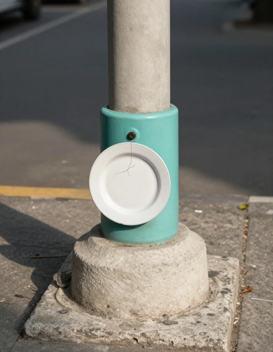 Detail of a plain enamel plate and its bolt fixings on a concrete pillar