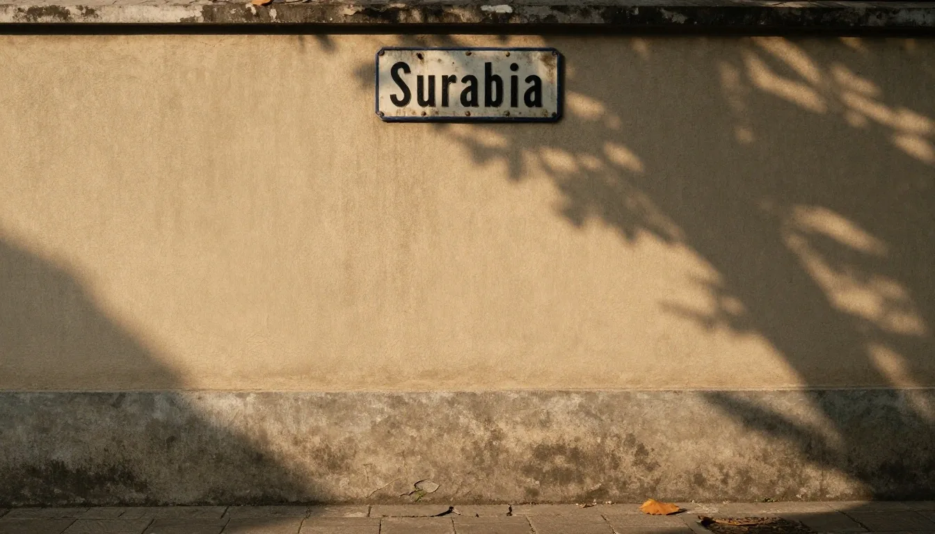 Sun-lit enamel street plates bolted to a concrete post in Surabaya, with shaded concrete at the base
