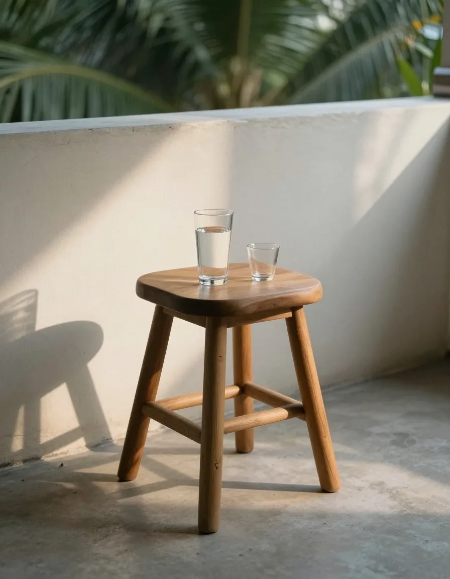Coffee cup and glass of water on a shaded balcony ledge