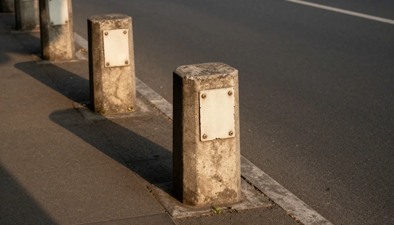 Enamel route plates fixed to a concrete post on a Surabaya street in afternoon light