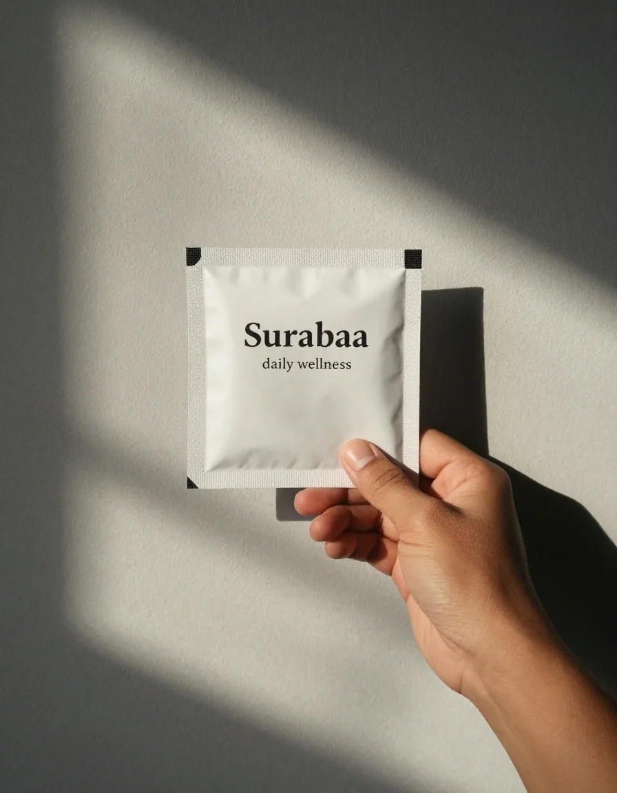 Hand holding a daily wellness sachet against a sunlit stucco wall