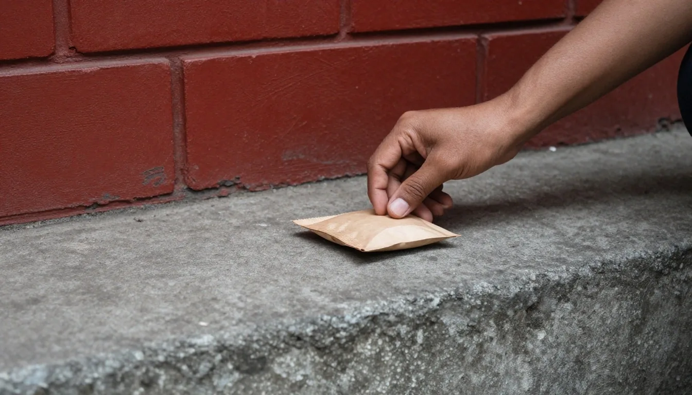 A hand setting a daily sachet on a concrete step in afternoon shade
