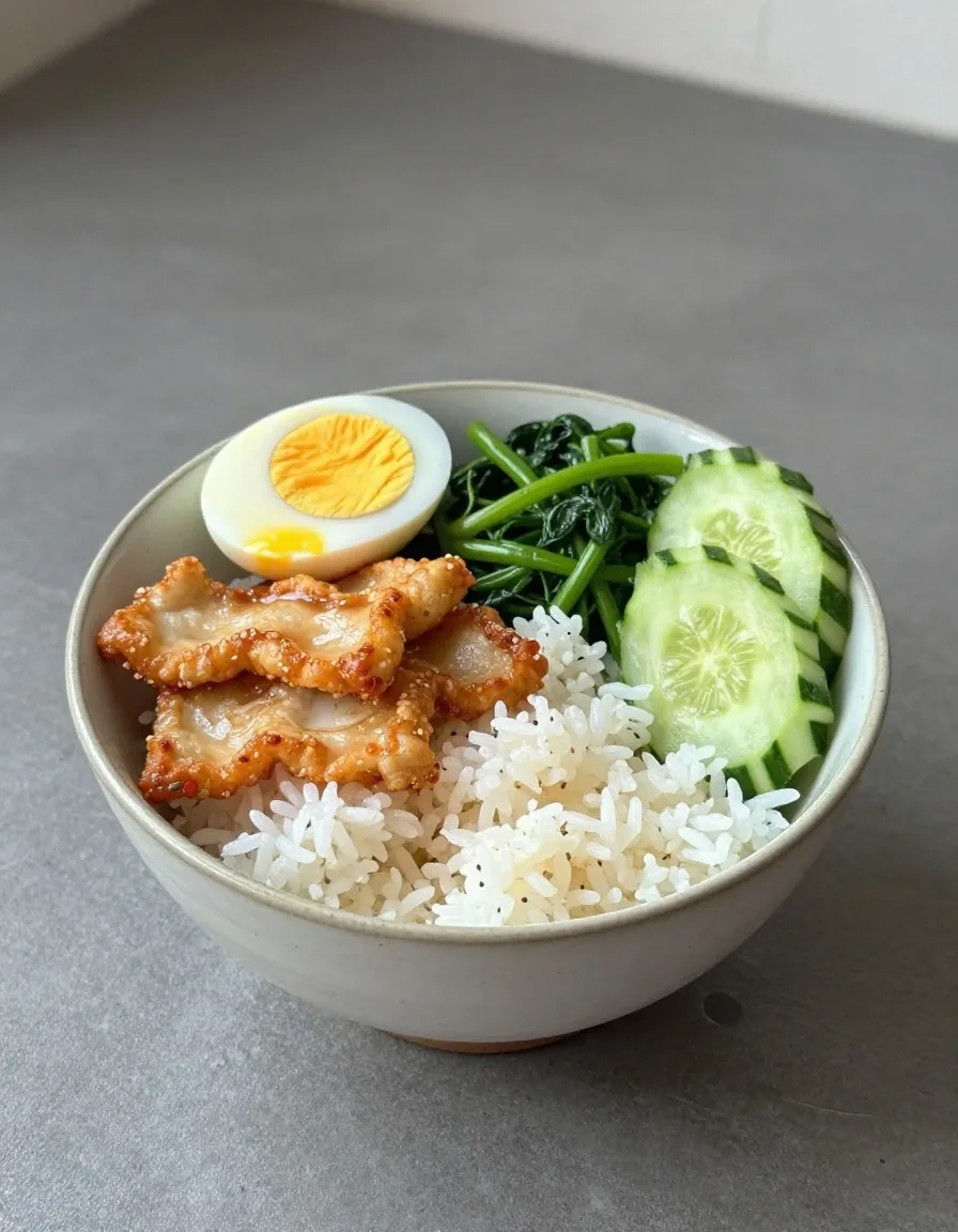 A simple rice, tempeh, egg and greens plate on a concrete counter