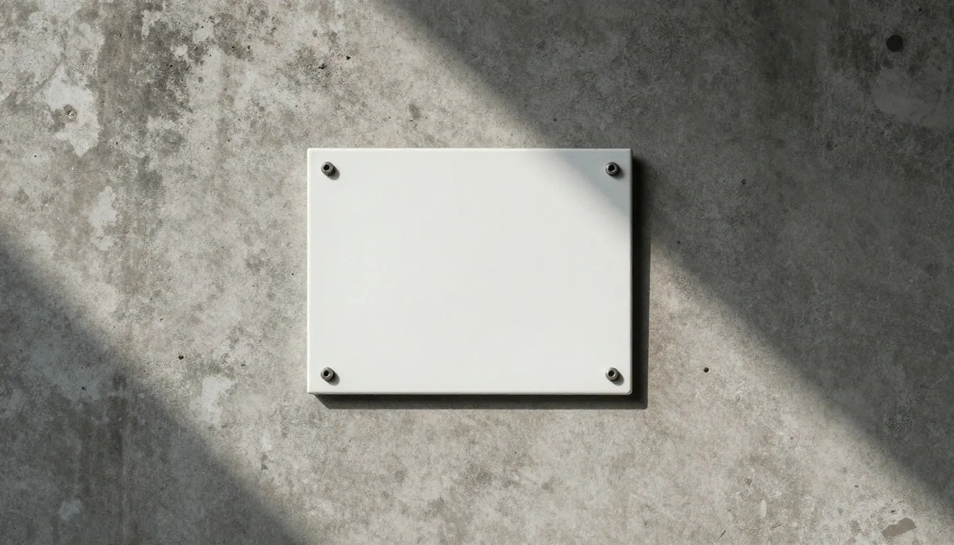 A single enamel plate catching afternoon light on a shaded concrete wall