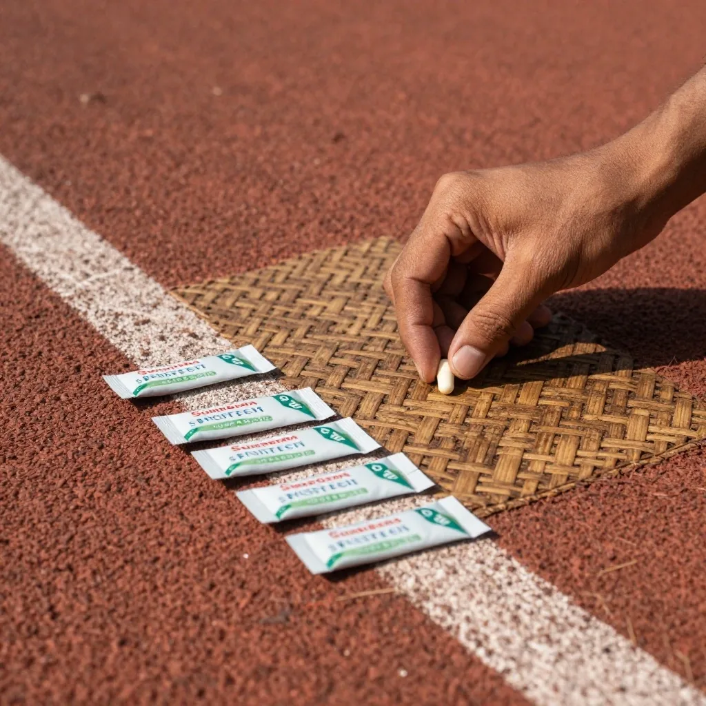Vitamin capsules and daily sachets arranged on a woven mat after training