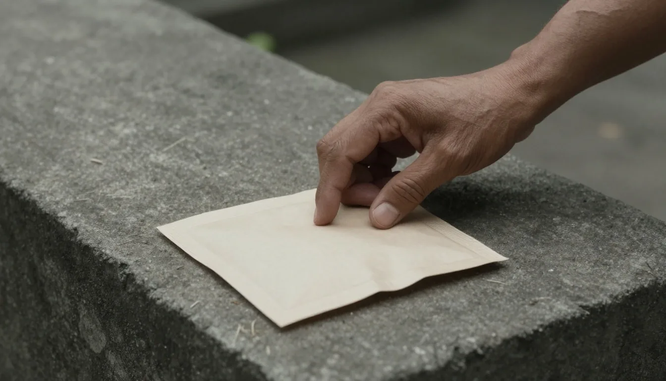 A hand setting a daily wellness sachet on a concrete step in afternoon shade