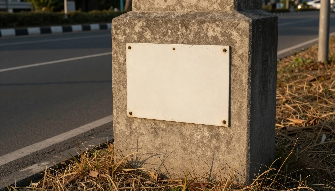 Bolted enamel street signage on a concrete post in Surabaya, photographed in late-afternoon light