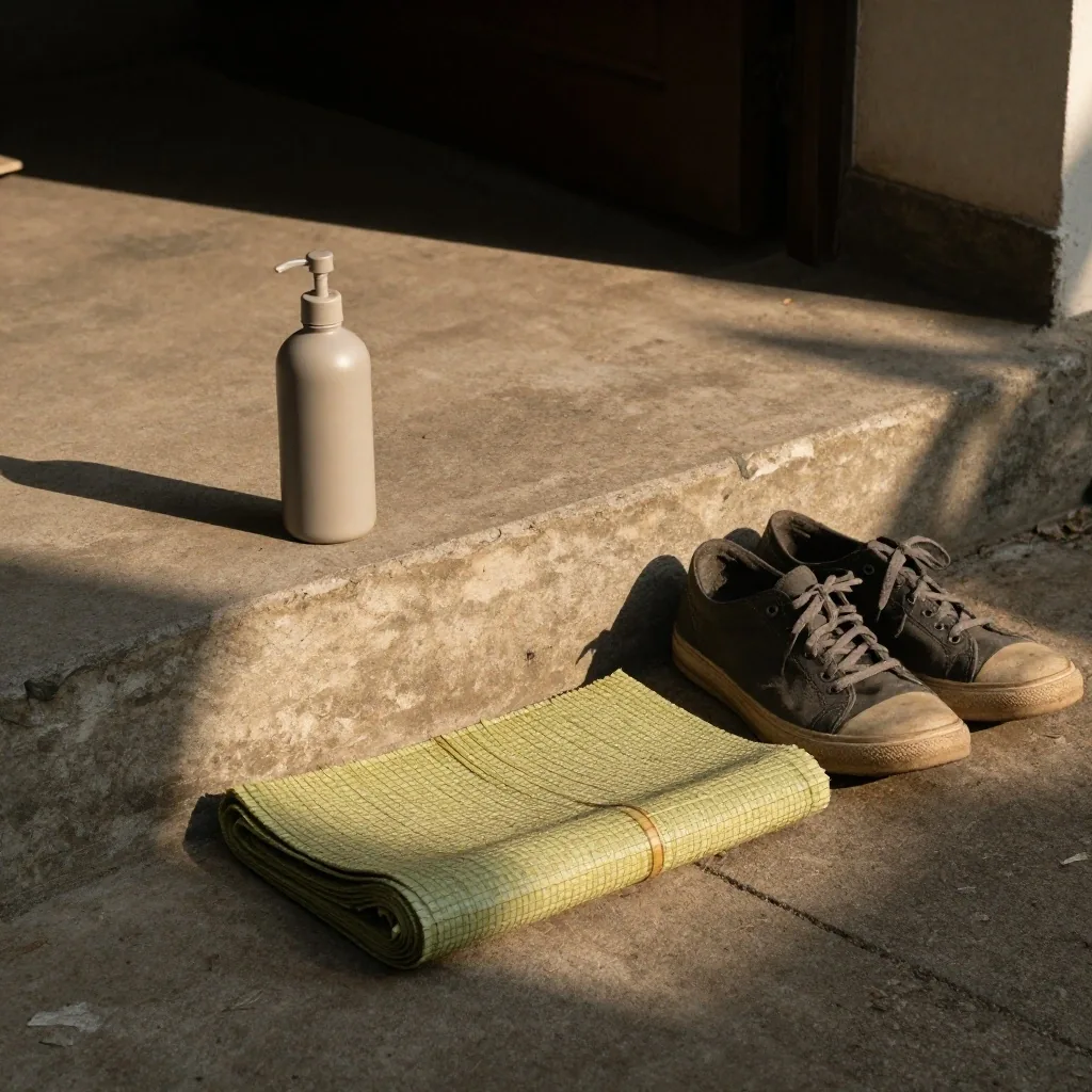 Capsule bottle on a shaded concrete windowsill after a run