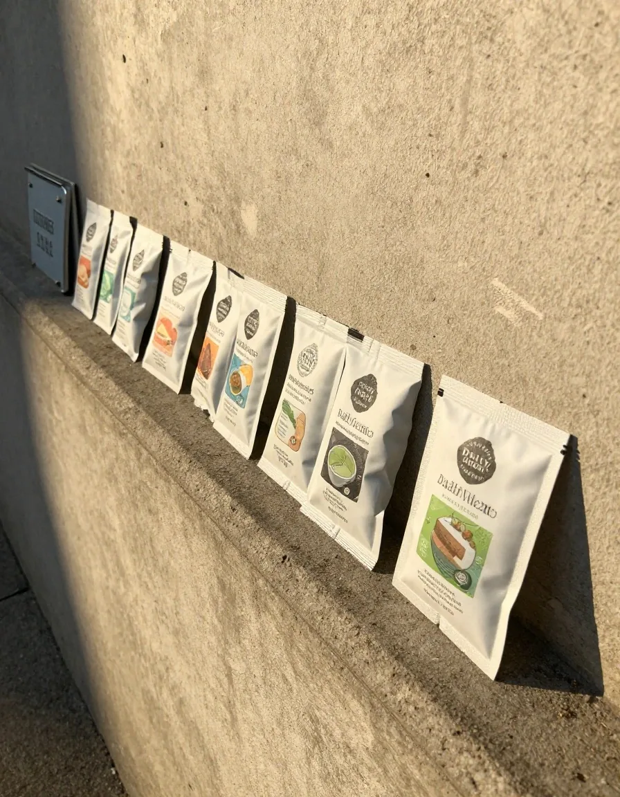 Daily wellness sachets arranged in a row on a concrete step