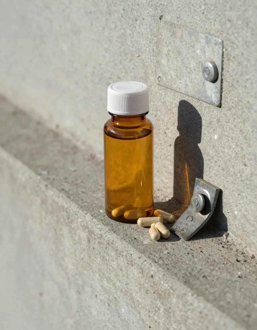 Supplement bottle and capsules placed on a concrete ledge