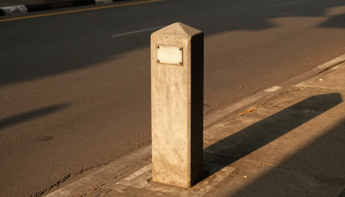 A bolted enamel destination plate on a concrete post at a quiet Surabaya street corner in the afternoon sun